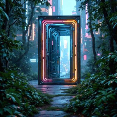 The primary subject of the image is a futuristic doorway with a neon glow, located in a forest setting. The doorway appears to be a part of a futuristic city, and it is surrounded by trees. The visual style of the image is a combination of photo and digital art, creating a unique and captivating scene. The dominant colors in the image are neon and green, giving the scene a futuristic and luminous atmosphere.